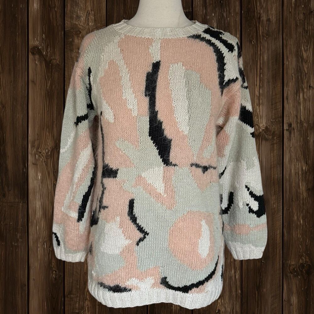 Jennifer‎ Reed Hand Knit Abstract 80ties Sweater Sz M Ivory Black w Pink Mohair